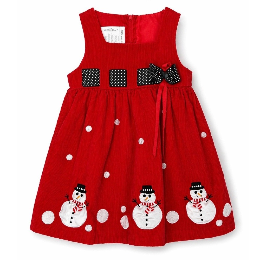 Bonnie Jean Red Corduroy Snowman Dress Girls Holiday Christmas Cute